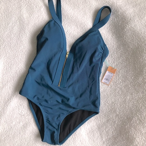Deep-V One Piece Teal Swimsuit - Picture 1 of 4